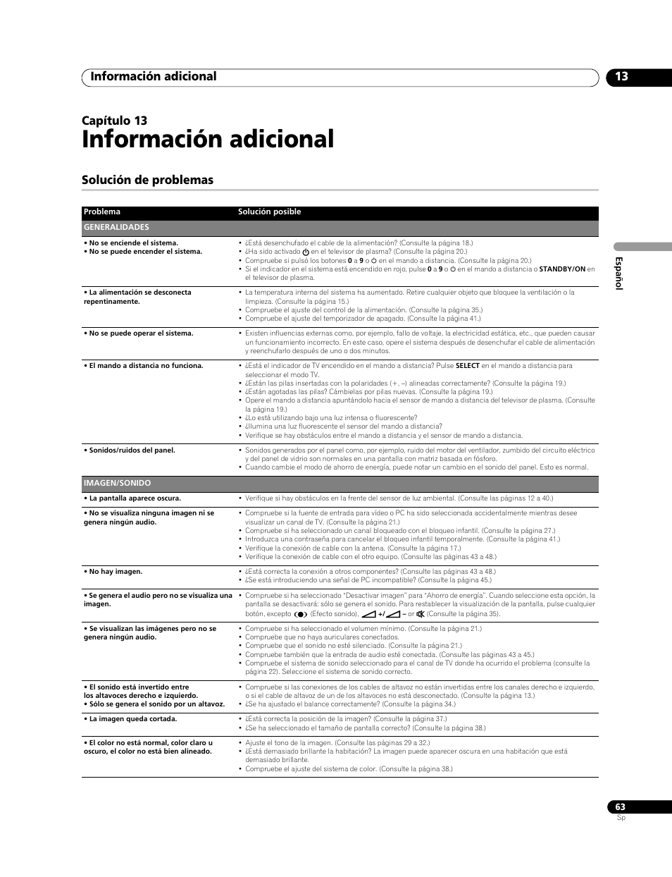 13 información adicional, Solución de problemas, Información adicional | Información adicional 13, Capítulo 13 | Pioneer PDP-LX508G User Manual | Page 129 / 266