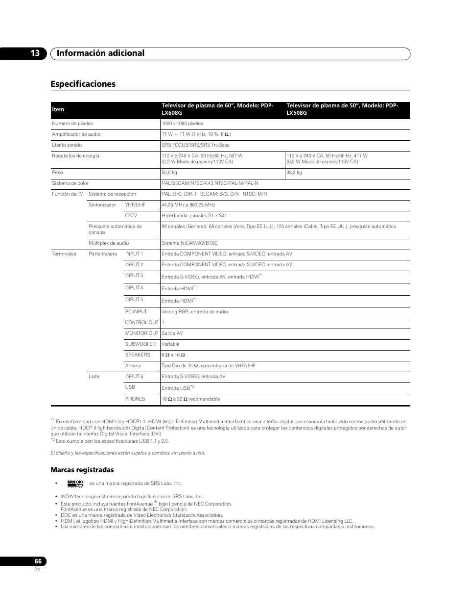 Especificaciones, Información adicional 13, Marcas registradas | Pioneer PDP-LX508G User Manual | Page 132 / 266