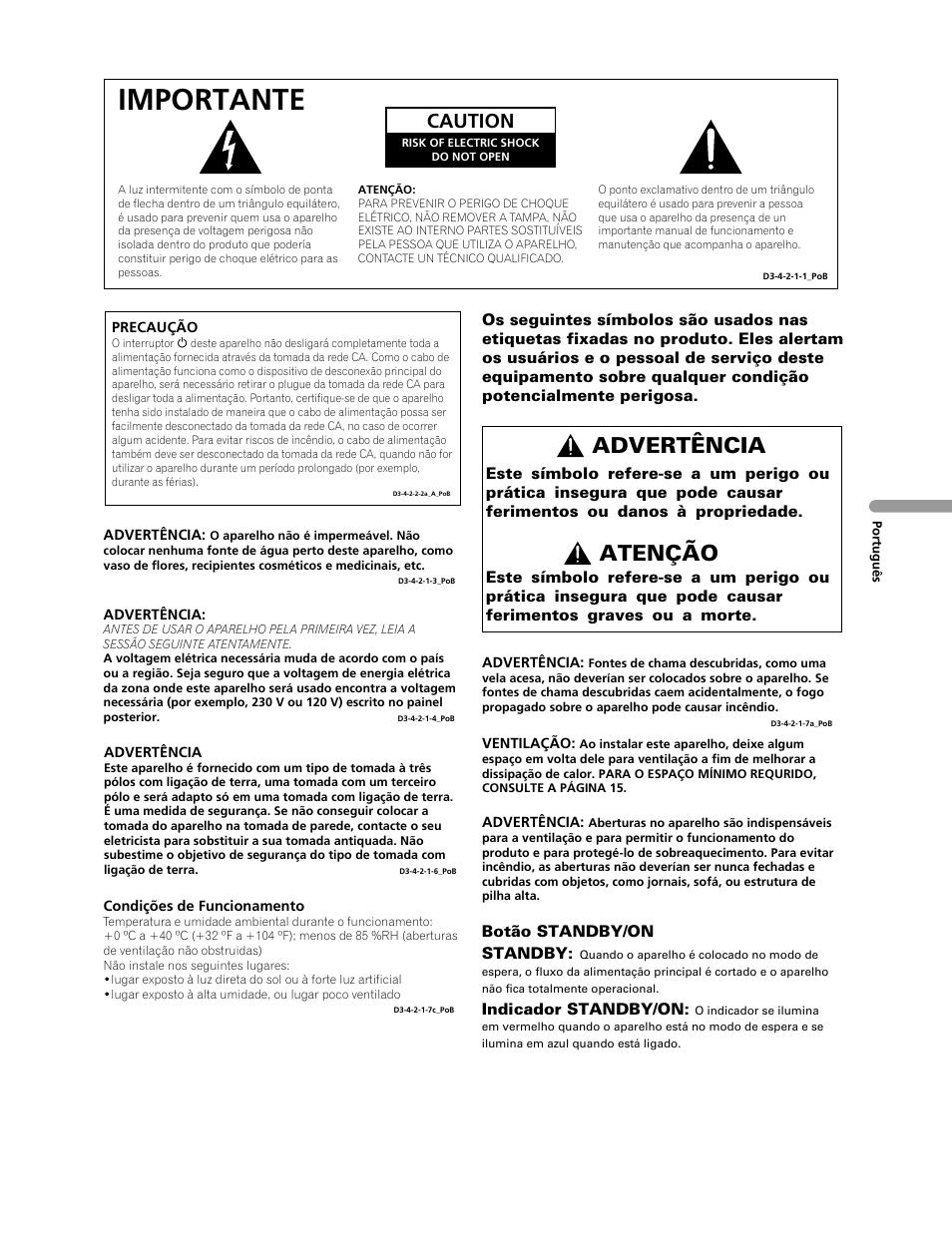 Importante, Advertência atenção, Caution | Pioneer PDP-LX508G User Manual | Page 135 / 266
