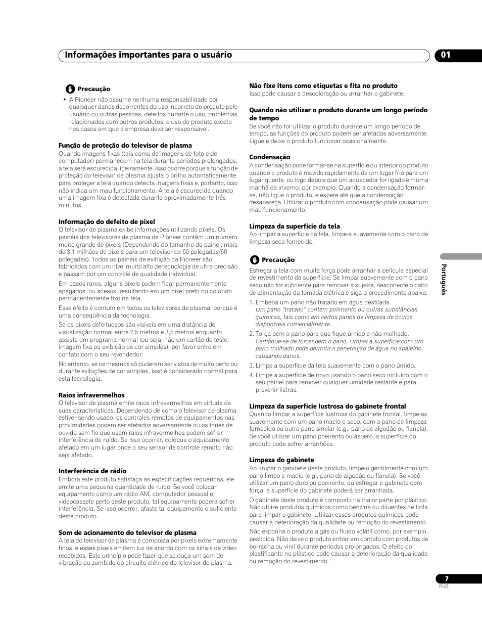Informações importantes para o usuário 01 | Pioneer PDP-LX508G User Manual | Page 139 / 266