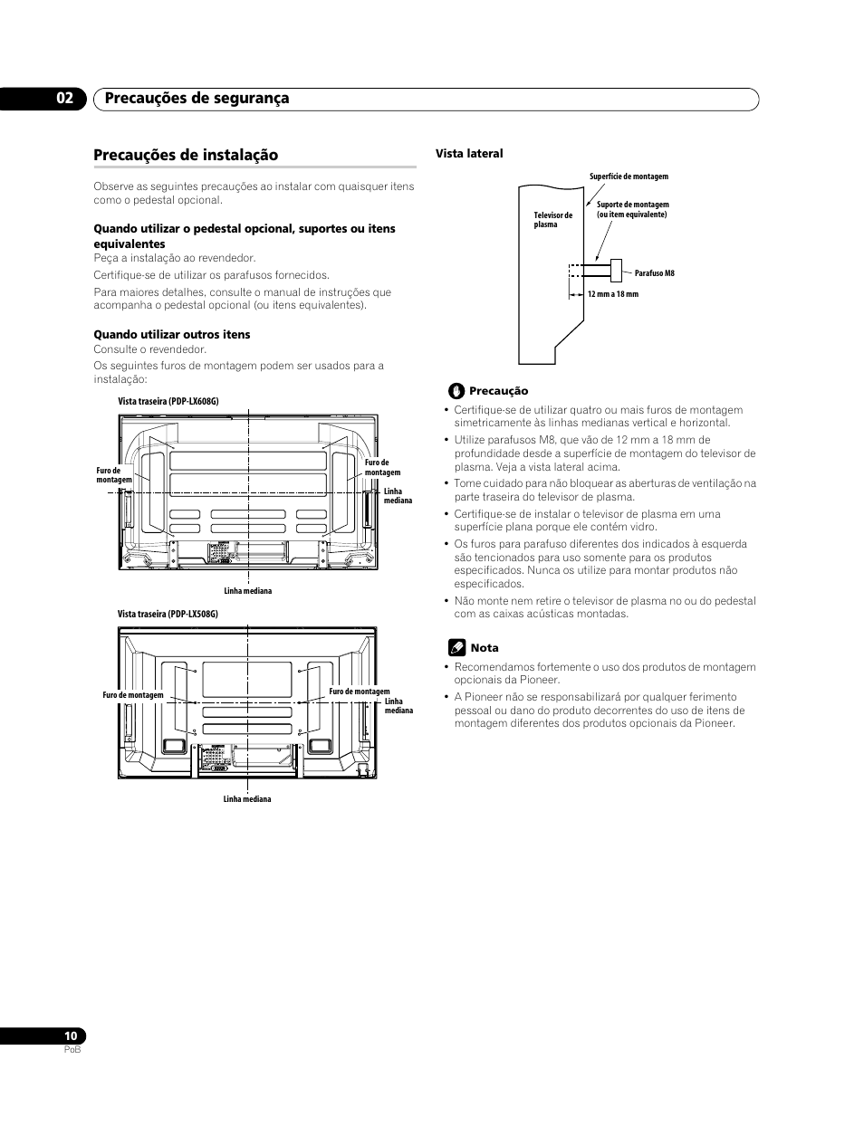 Precauções de instalação, Precauções de segurança 02 | Pioneer PDP-LX508G User Manual | Page 142 / 266