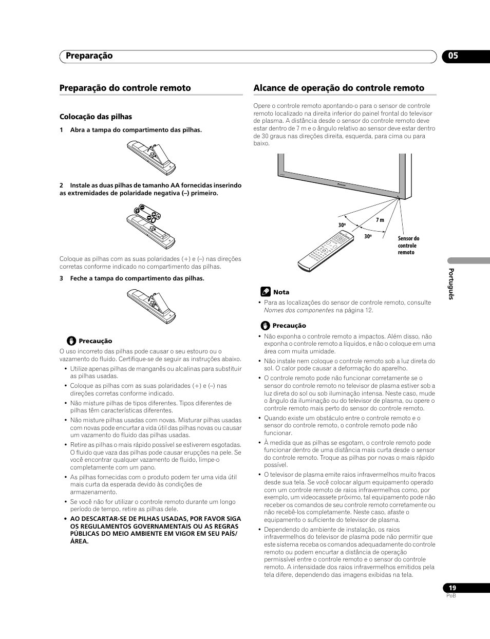 Preparação 05, Preparação do controle remoto, Alcance de operação do controle remoto | Pioneer PDP-LX508G User Manual | Page 151 / 266