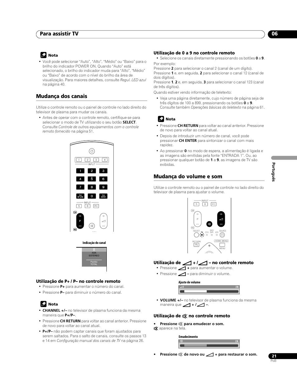 Mudança dos canais mudança do volume e som, Para assistir tv 06, Mudança dos canais | Mudança do volume e som | Pioneer PDP-LX508G User Manual | Page 153 / 266