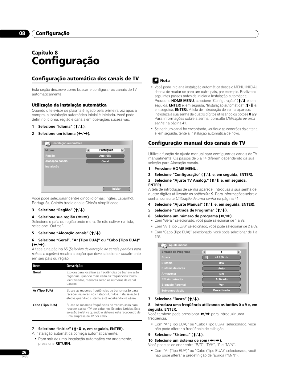 08 configuração, Configuração, Configuração 08 | Capítulo 8, Configuração automática dos canais de tv, Configuração manual dos canais de tv | Pioneer PDP-LX508G User Manual | Page 158 / 266