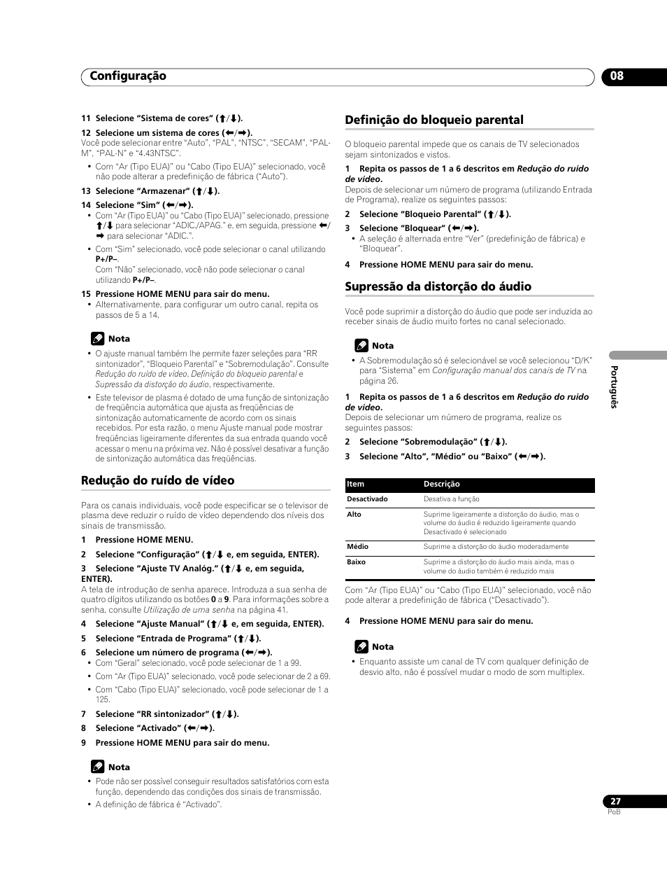 Configuração 08, Redução do ruído de vídeo, Definição do bloqueio parental | Supressão da distorção do áudio | Pioneer PDP-LX508G User Manual | Page 159 / 266