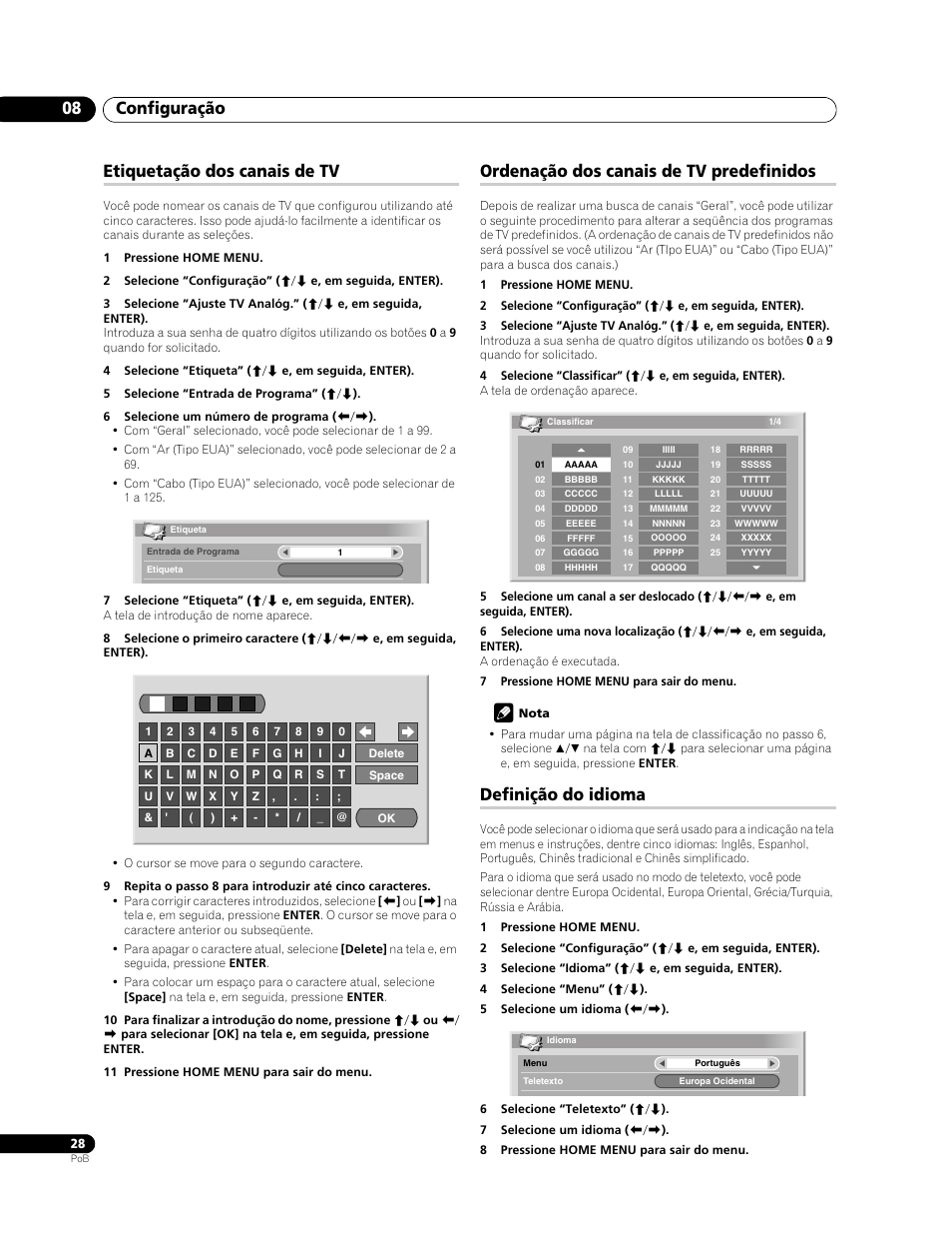 Configuração 08, Etiquetação dos canais de tv, Ordenação dos canais de tv predefinidos | Definição do idioma | Pioneer PDP-LX508G User Manual | Page 160 / 266