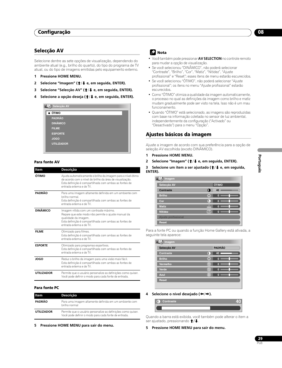 Selecção av ajustes básicos da imagem, Configuração 08, Selecção av | Ajustes básicos da imagem | Pioneer PDP-LX508G User Manual | Page 161 / 266