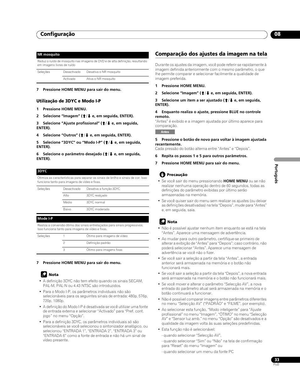 Comparação dos ajustes da imagem na tela, Configuração 08 | Pioneer PDP-LX508G User Manual | Page 165 / 266
