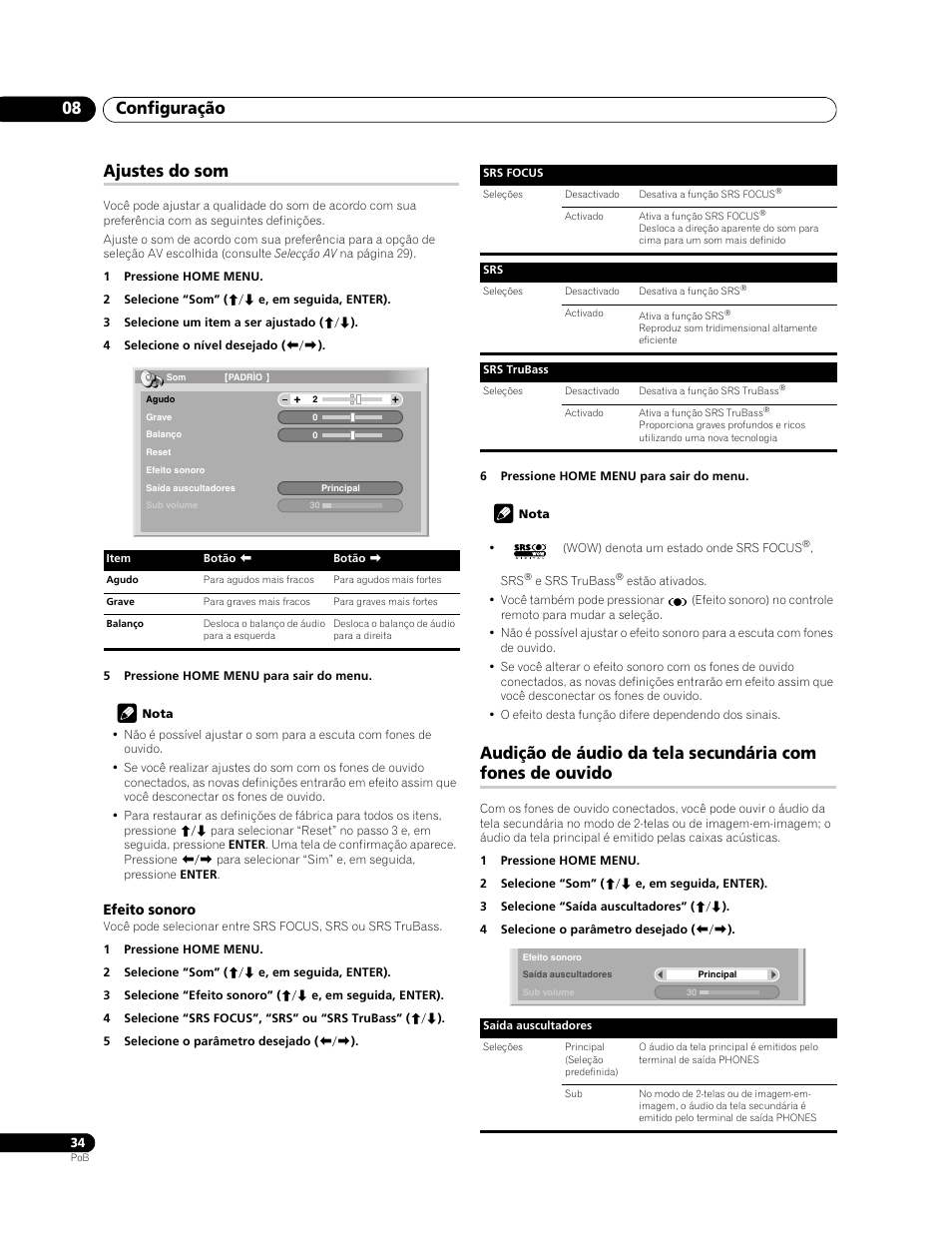 Configuração 08, Ajustes do som | Pioneer PDP-LX508G User Manual | Page 166 / 266