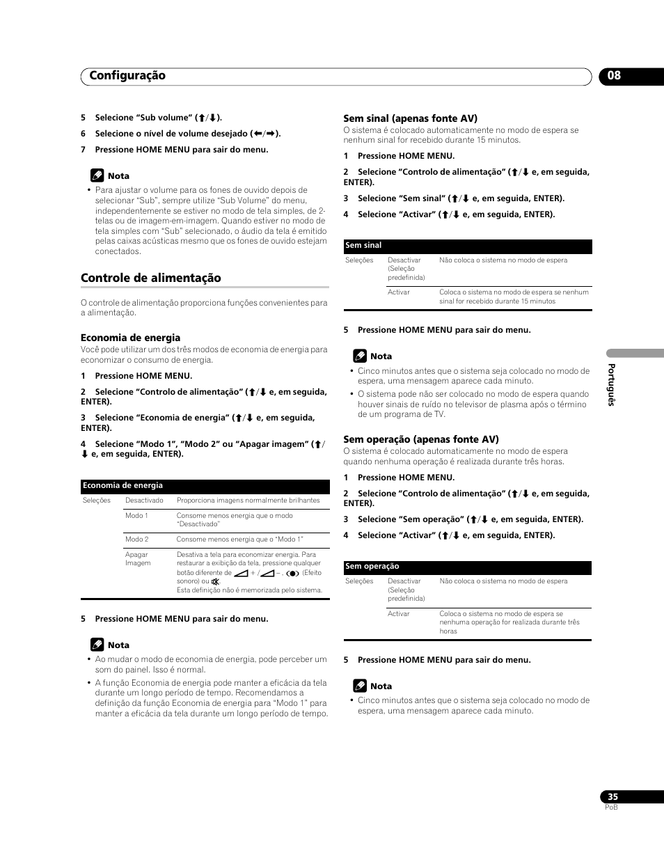 Controle de alimentação, Configuração 08 | Pioneer PDP-LX508G User Manual | Page 167 / 266