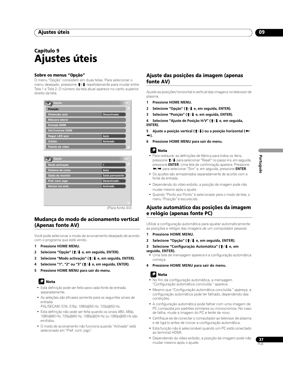 09 ajustes úteis, Ajustes úteis, Ajustes úteis 09 | Capítulo 9, Ajuste das posições da imagem (apenas fonte av) | Pioneer PDP-LX508G User Manual | Page 169 / 266
