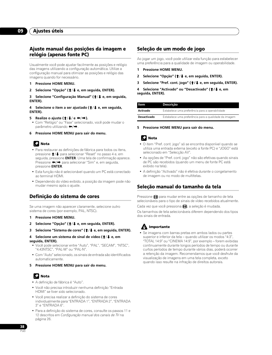 Ajustes úteis 09, Definição do sistema de cores, Seleção de um modo de jogo | Seleção manual do tamanho da tela | Pioneer PDP-LX508G User Manual | Page 170 / 266