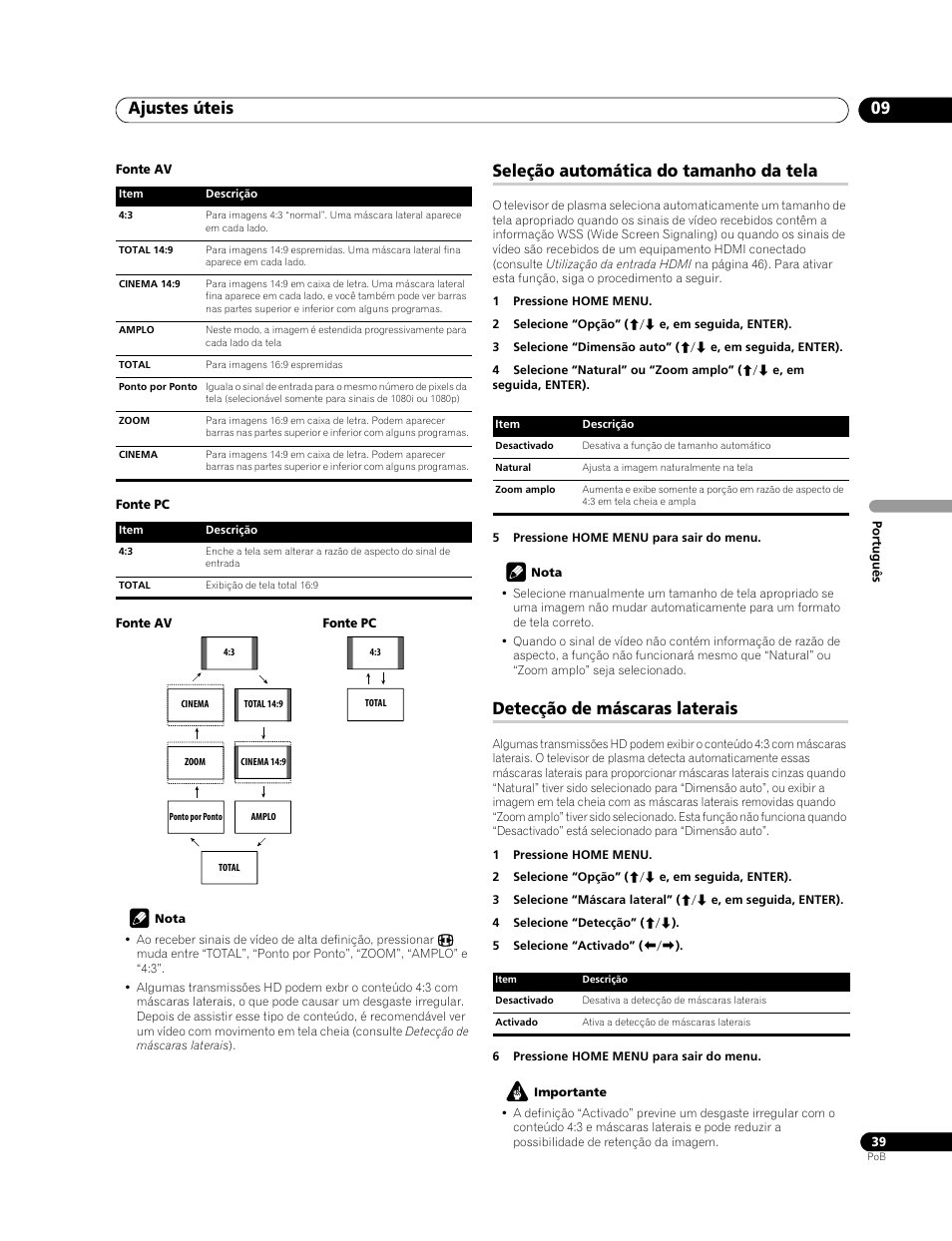 Ajustes úteis 09, Seleção automática do tamanho da tela, Detecção de máscaras laterais | Pioneer PDP-LX508G User Manual | Page 171 / 266