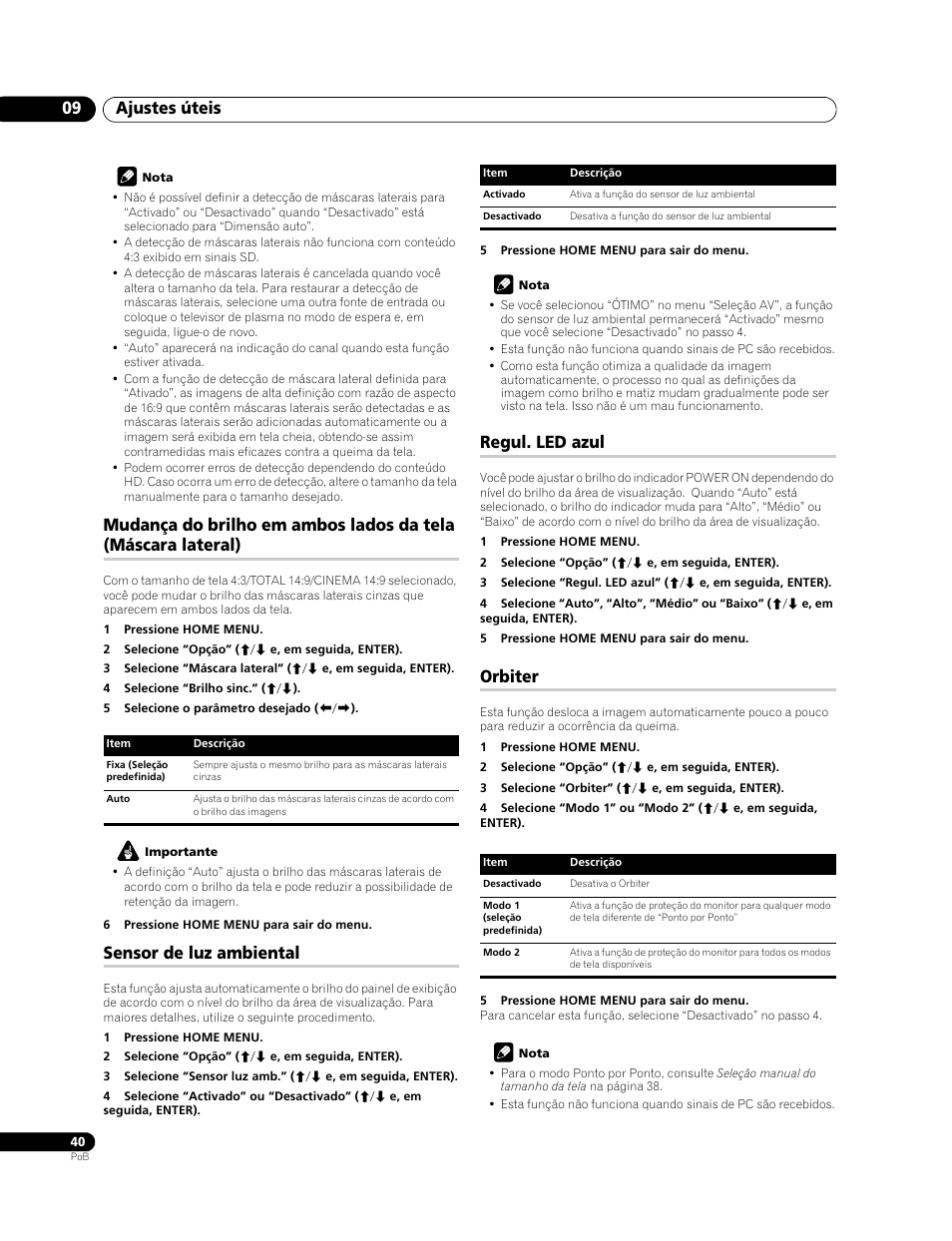 Ajustes úteis 09, Sensor de luz ambiental, Regul. led azul | Orbiter | Pioneer PDP-LX508G User Manual | Page 172 / 266