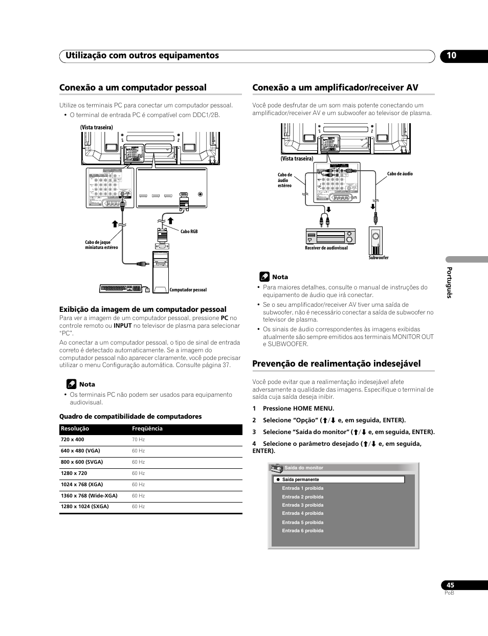 Utilização com outros equipamentos 10, Conexão a um computador pessoal, Conexão a um amplificador/receiver av | Prevenção de realimentação indesejável | Pioneer PDP-LX508G User Manual | Page 177 / 266