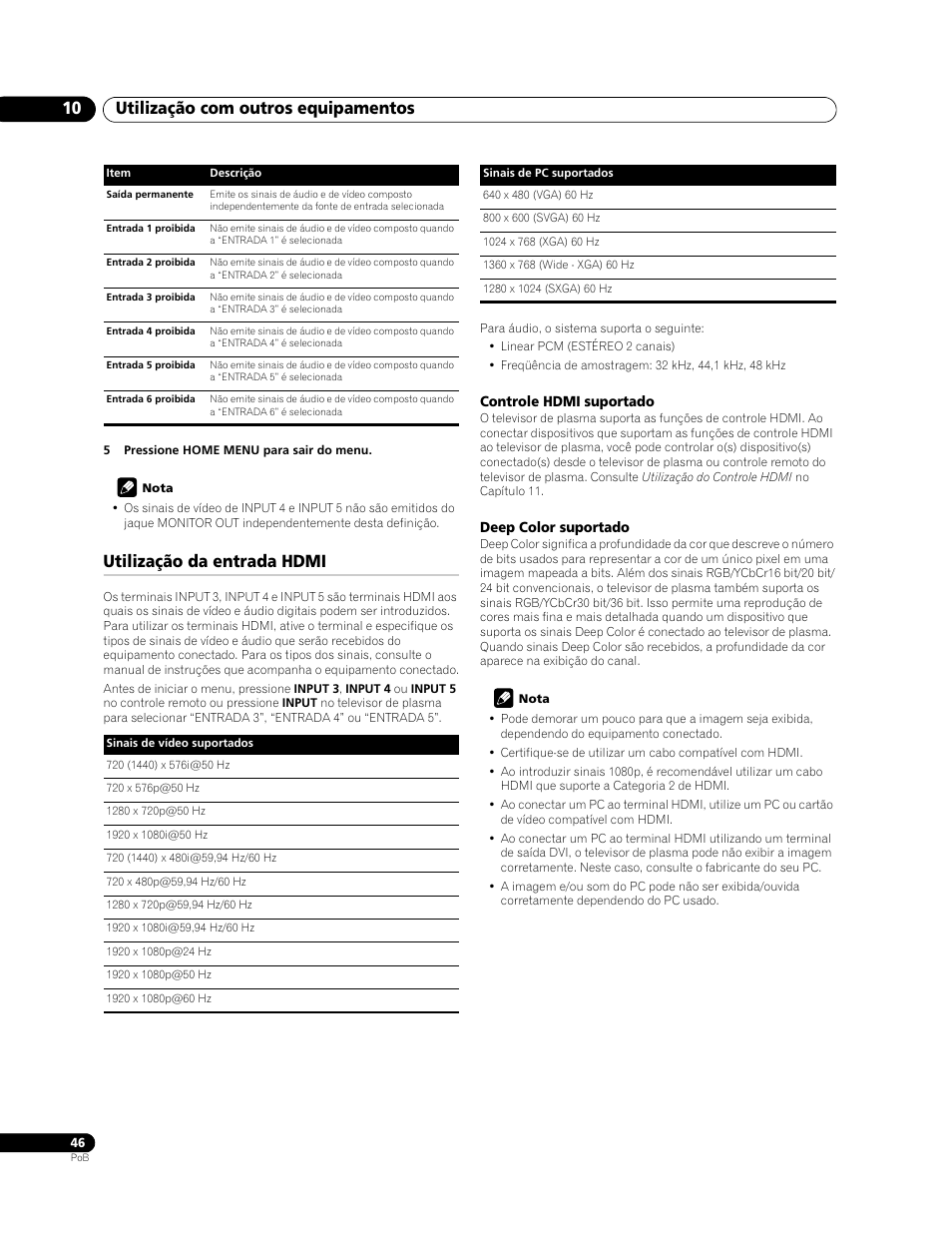 Utilização da entrada hdmi, Utilização com outros equipamentos 10 | Pioneer PDP-LX508G User Manual | Page 178 / 266