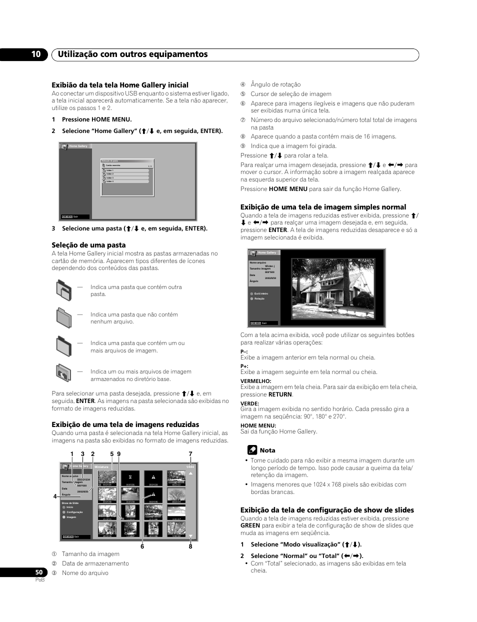 Utilização com outros equipamentos 10, Exibião da tela tela home gallery inicial, Seleção de uma pasta | Exibição de uma tela de imagens reduzidas, Exibição de uma tela de imagem simples normal, Exibição da tela de configuração de show de slides | Pioneer PDP-LX508G User Manual | Page 182 / 266