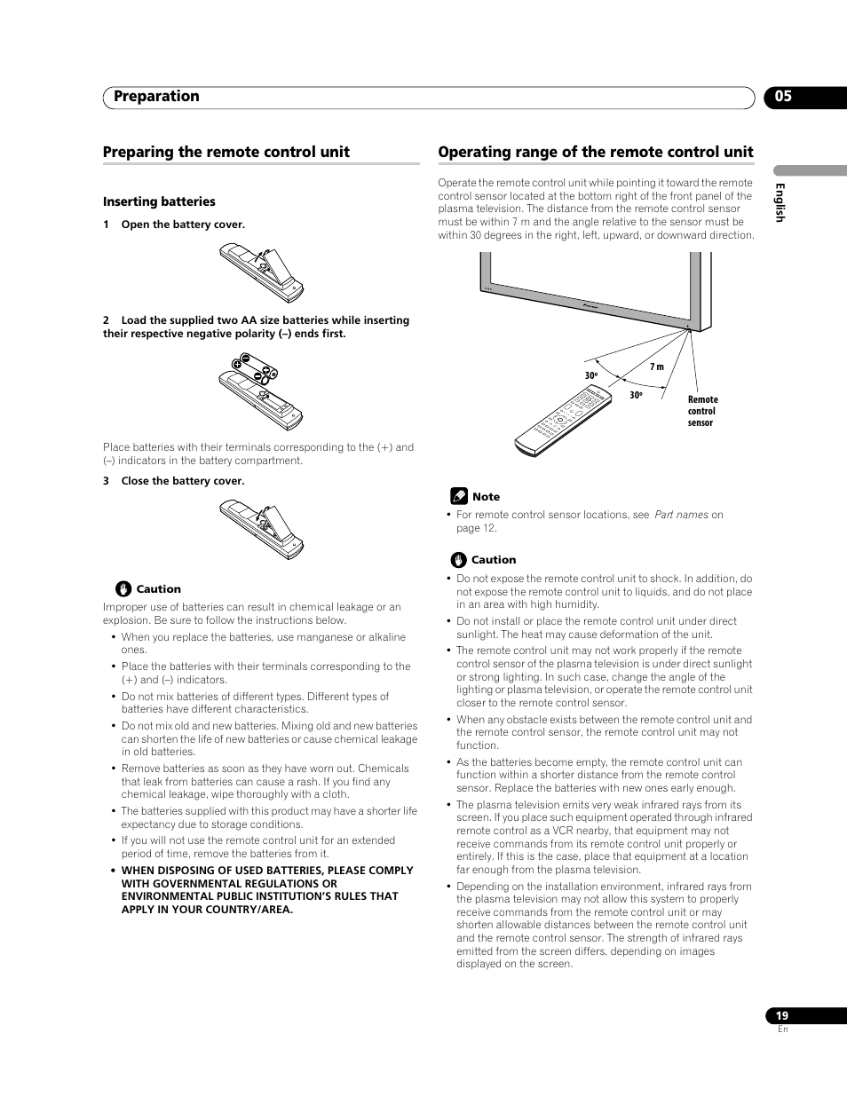 Preparation 05, Preparing the remote control unit, Operating range of the remote control unit | Pioneer PDP-LX508G User Manual | Page 19 / 266