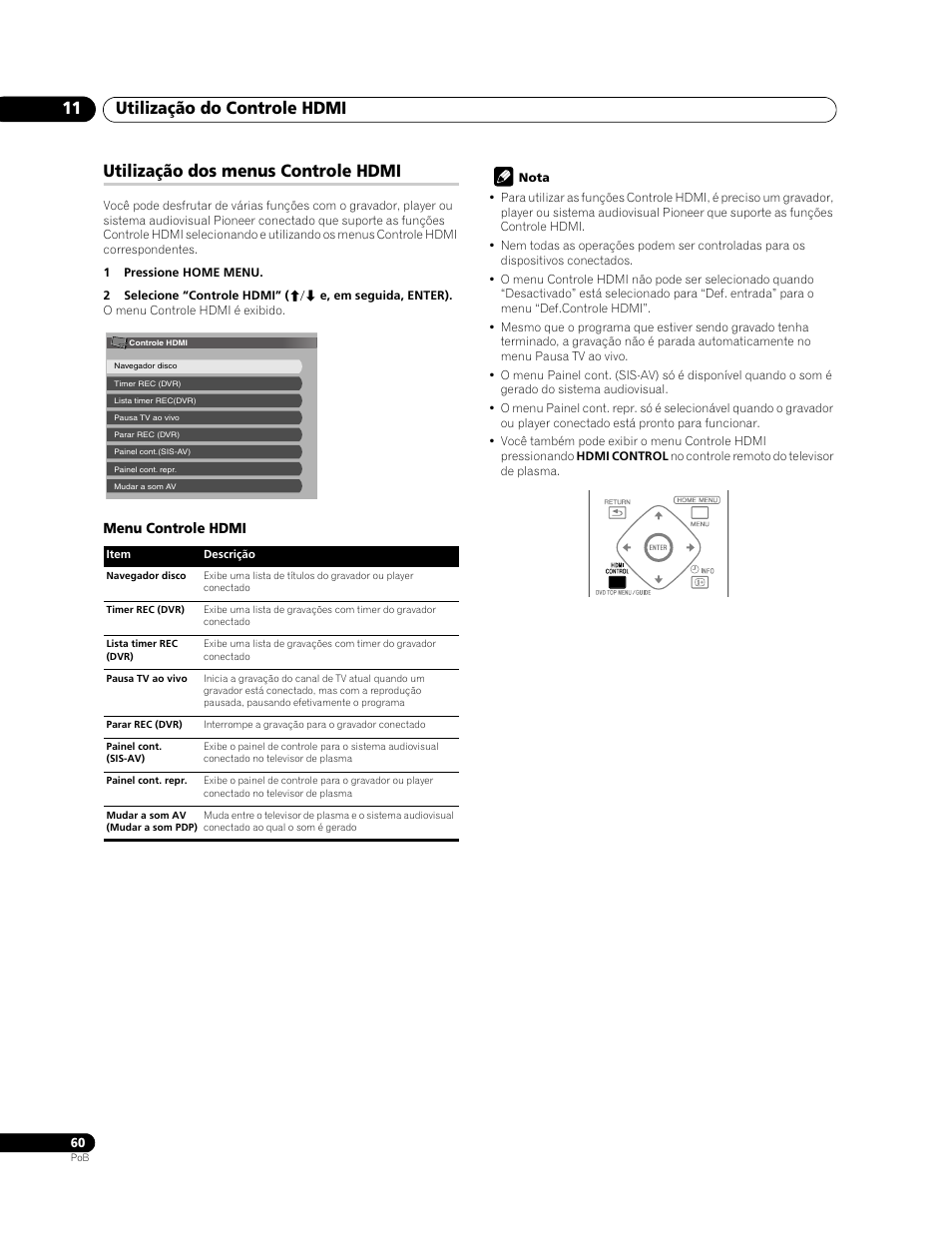 Utilização dos menus controle hdmi, Utilização do controle hdmi 11 | Pioneer PDP-LX508G User Manual | Page 192 / 266