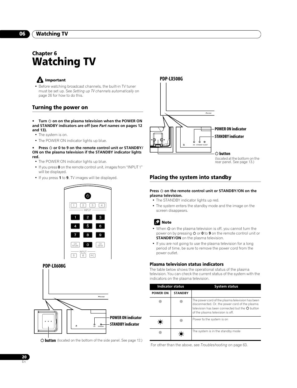 06 watching tv, Watching tv, Watching tv 06 | Chapter 6, Turning the power on, Placing the system into standby, Pdp-lx608g, Pdp-lx508g | Pioneer PDP-LX508G User Manual | Page 20 / 266
