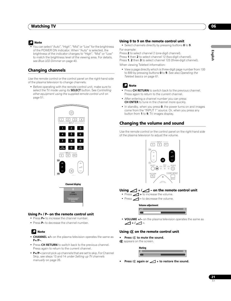 Changing channels changing the volume and sound, Watching tv 06, Changing channels | Changing the volume and sound | Pioneer PDP-LX508G User Manual | Page 21 / 266