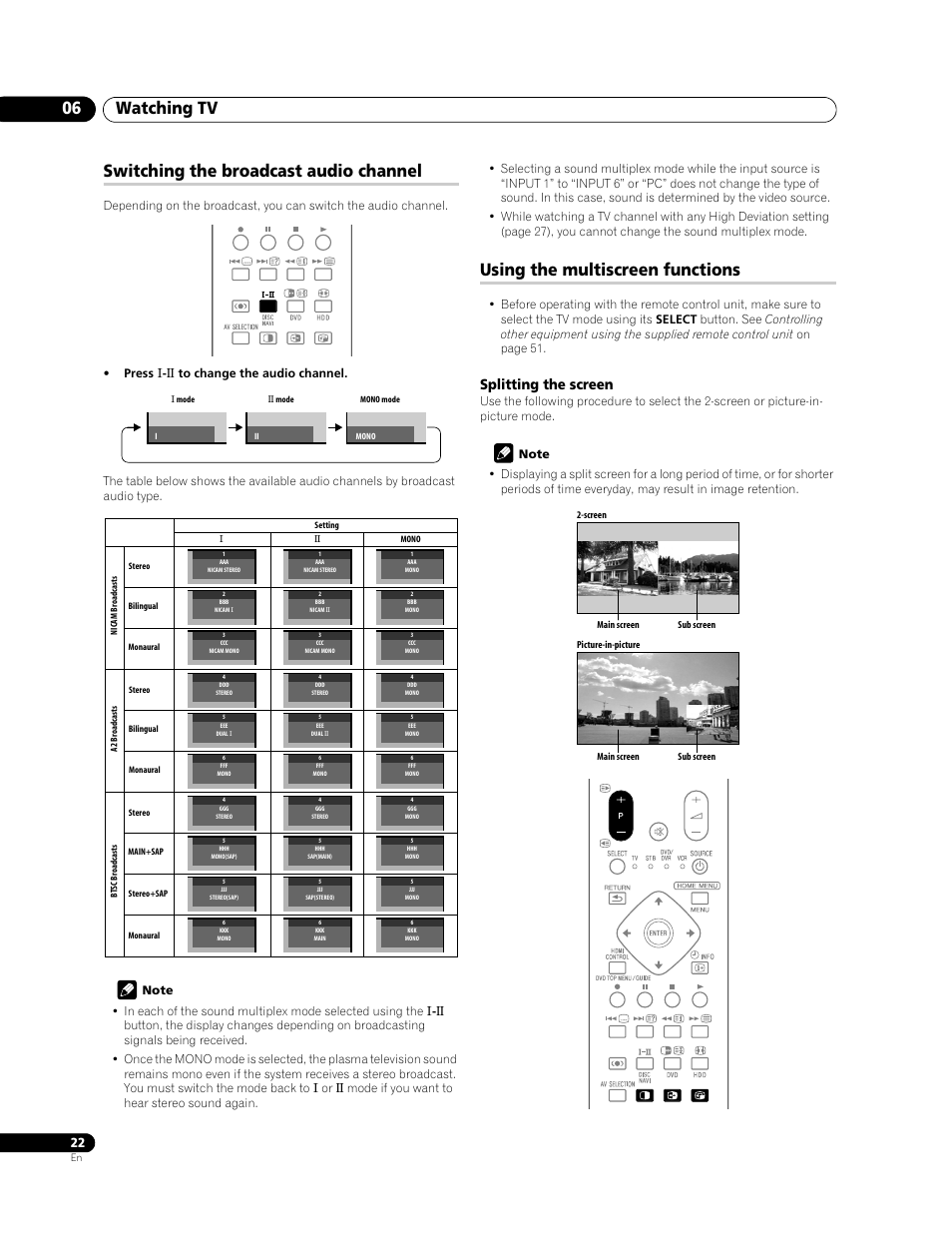Watching tv 06, Switching the broadcast audio channel, Using the multiscreen functions | Splitting the screen | Pioneer PDP-LX508G User Manual | Page 22 / 266