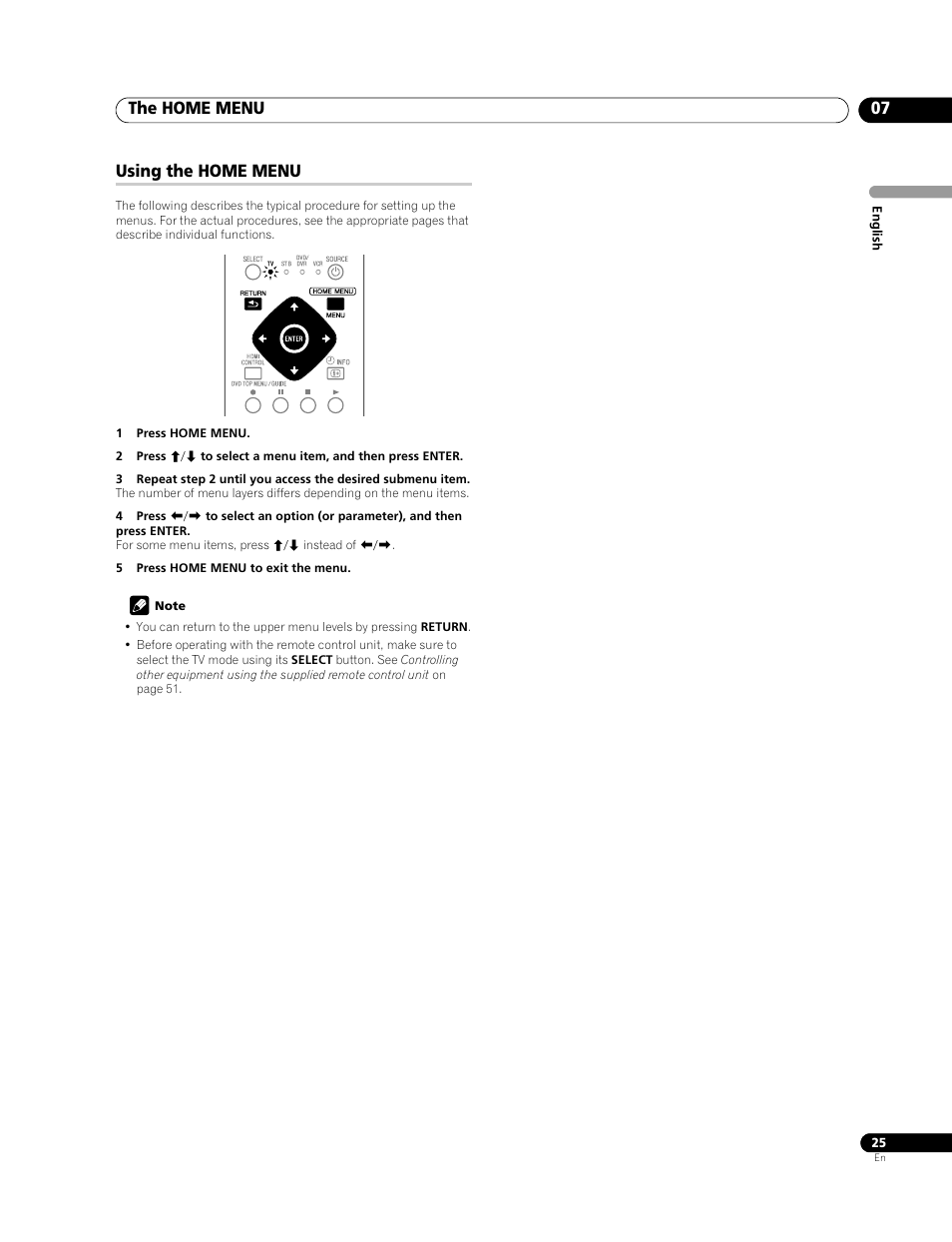 Using the home menu, The home menu 07 | Pioneer PDP-LX508G User Manual | Page 25 / 266