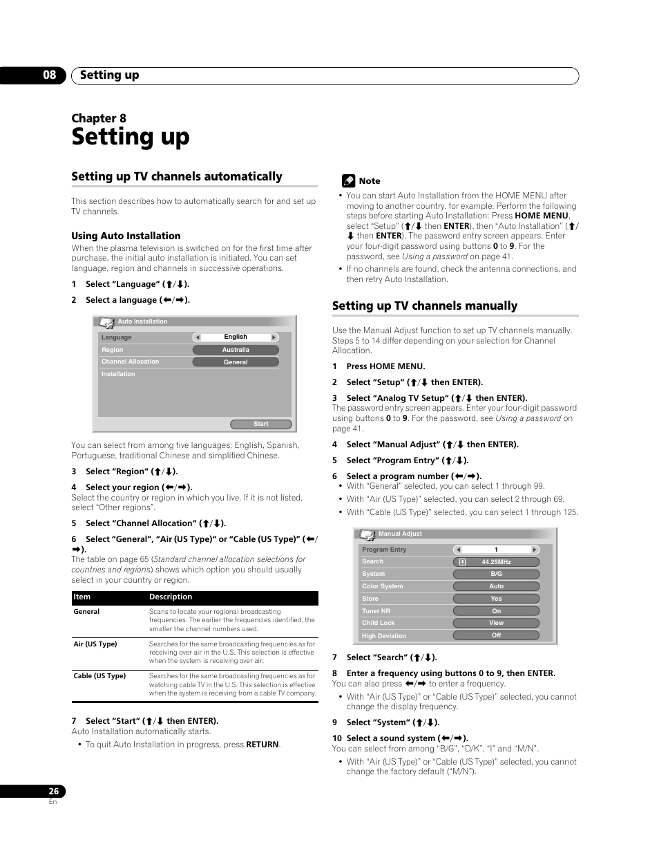 08 setting up, Setting up, Setting up 08 | Chapter 8, Setting up tv channels automatically, Setting up tv channels manually | Pioneer PDP-LX508G User Manual | Page 26 / 266