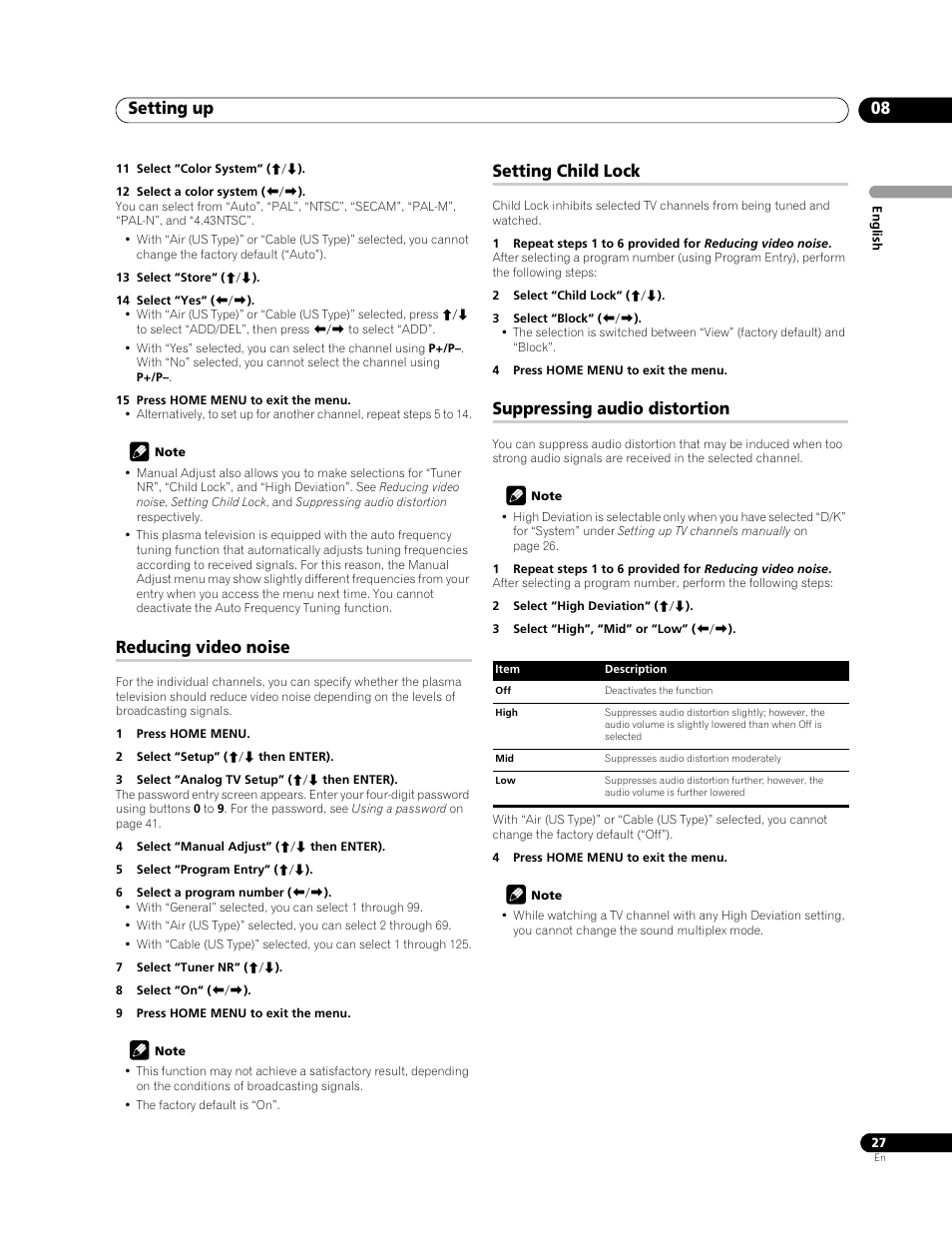 Setting up 08, Reducing video noise, Setting child lock | Suppressing audio distortion | Pioneer PDP-LX508G User Manual | Page 27 / 266