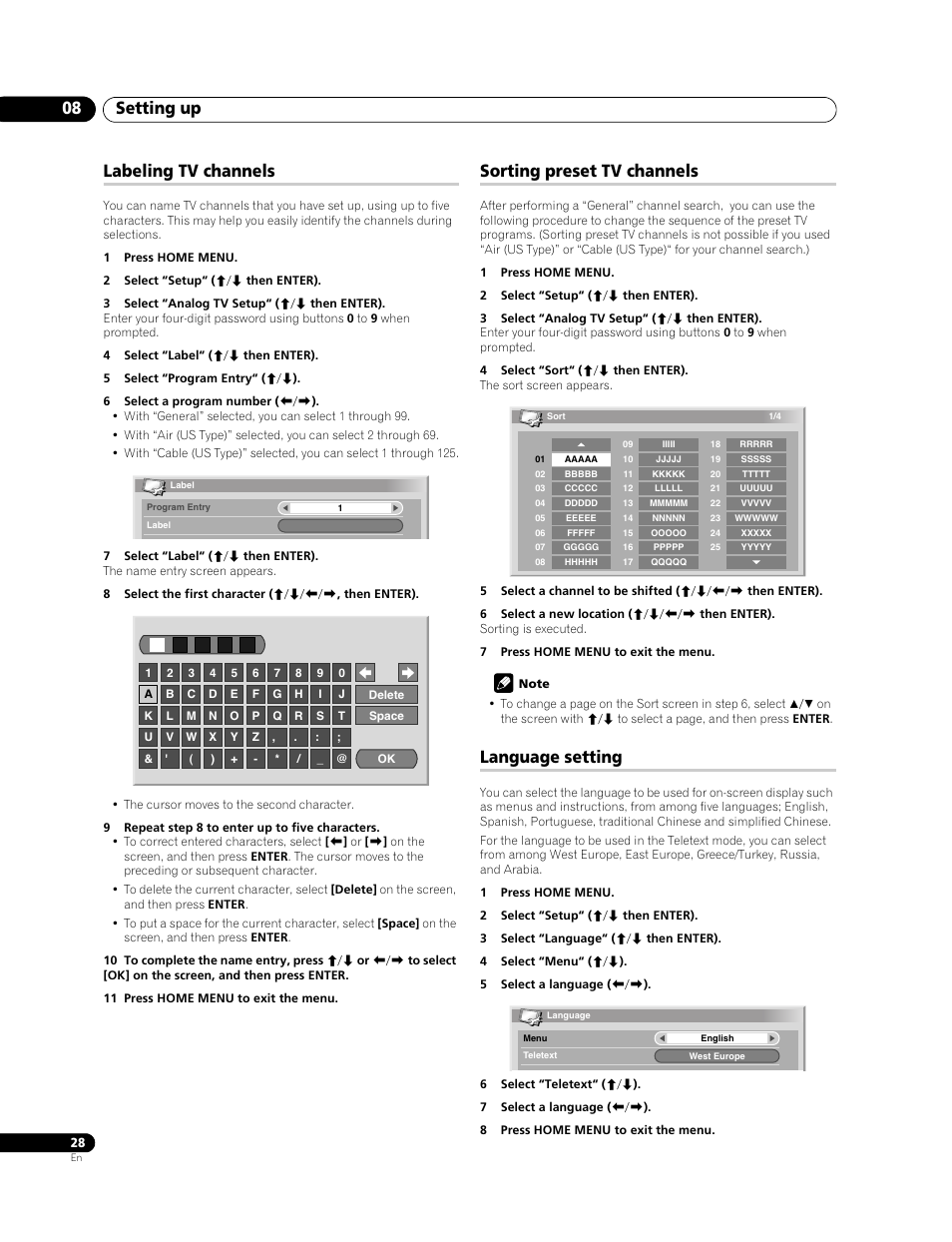 Setting up 08, Labeling tv channels, Sorting preset tv channels | Language setting | Pioneer PDP-LX508G User Manual | Page 28 / 266