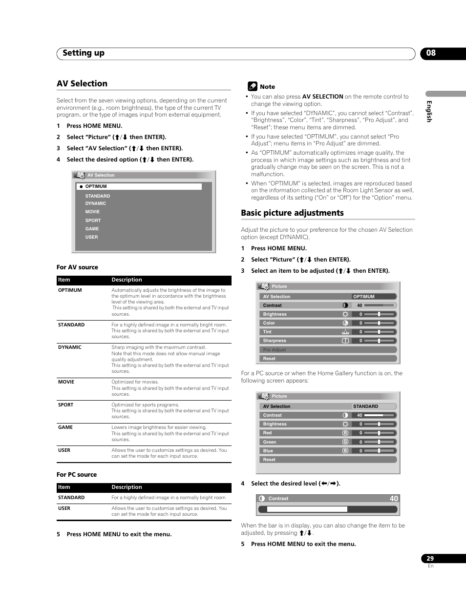 Av selection basic picture adjustments, Setting up 08, Av selection | Basic picture adjustments | Pioneer PDP-LX508G User Manual | Page 29 / 266