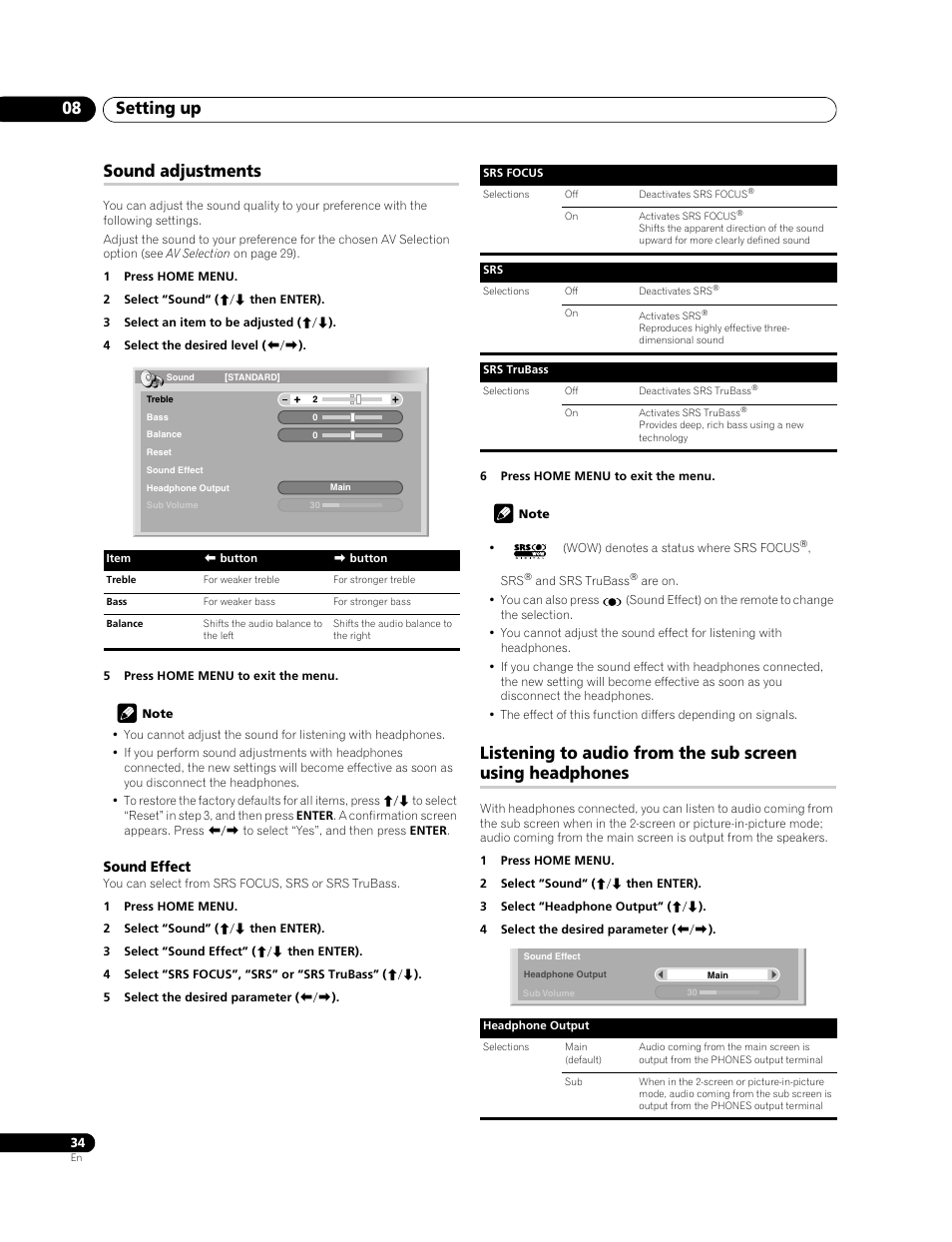 Setting up 08, Sound adjustments | Pioneer PDP-LX508G User Manual | Page 34 / 266