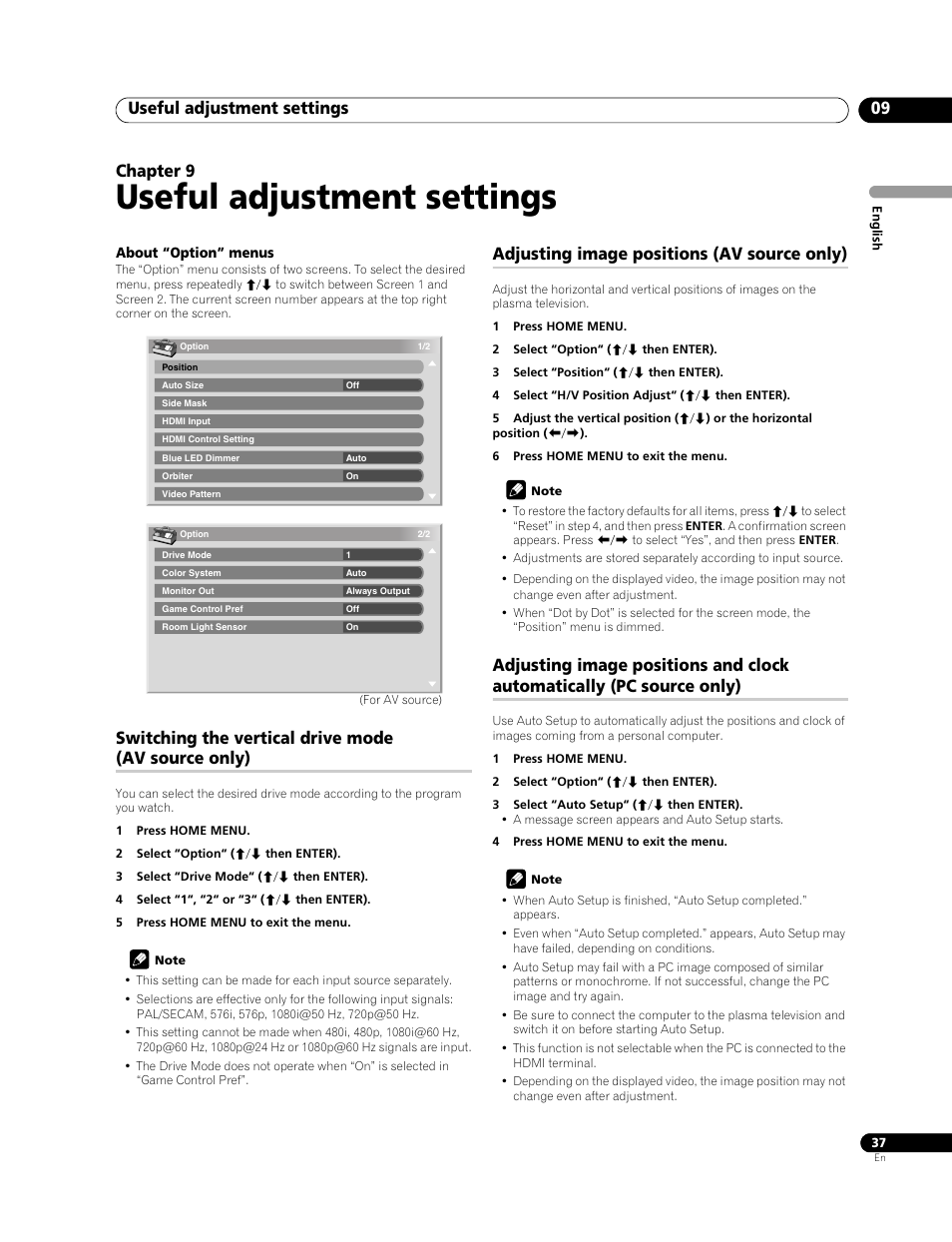 09 useful adjustment settings, Useful adjustment settings, Useful adjustment settings 09 | Chapter 9, Switching the vertical drive mode (av source only), Adjusting image positions (av source only) | Pioneer PDP-LX508G User Manual | Page 37 / 266