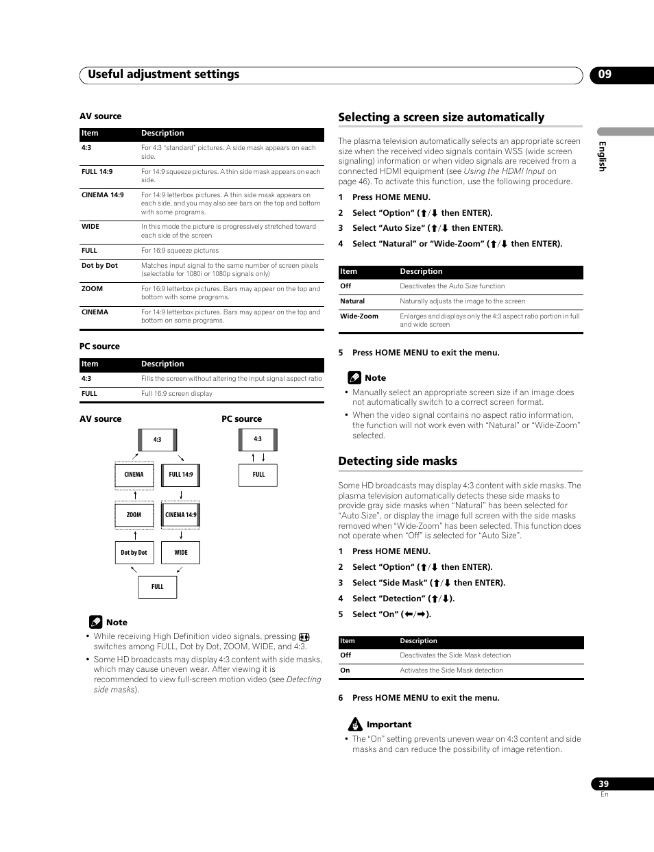 Useful adjustment settings 09, Selecting a screen size automatically, Detecting side masks | Pioneer PDP-LX508G User Manual | Page 39 / 266