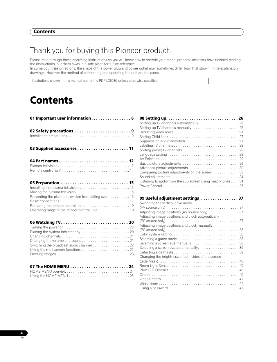 Pioneer PDP-LX508G User Manual | Page 4 / 266
