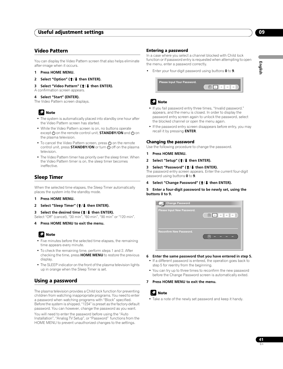 Video pattern sleep timer using a password, E using a password on, Using a password on | Useful adjustment settings 09, Video pattern, Sleep timer, Using a password | Pioneer PDP-LX508G User Manual | Page 41 / 266