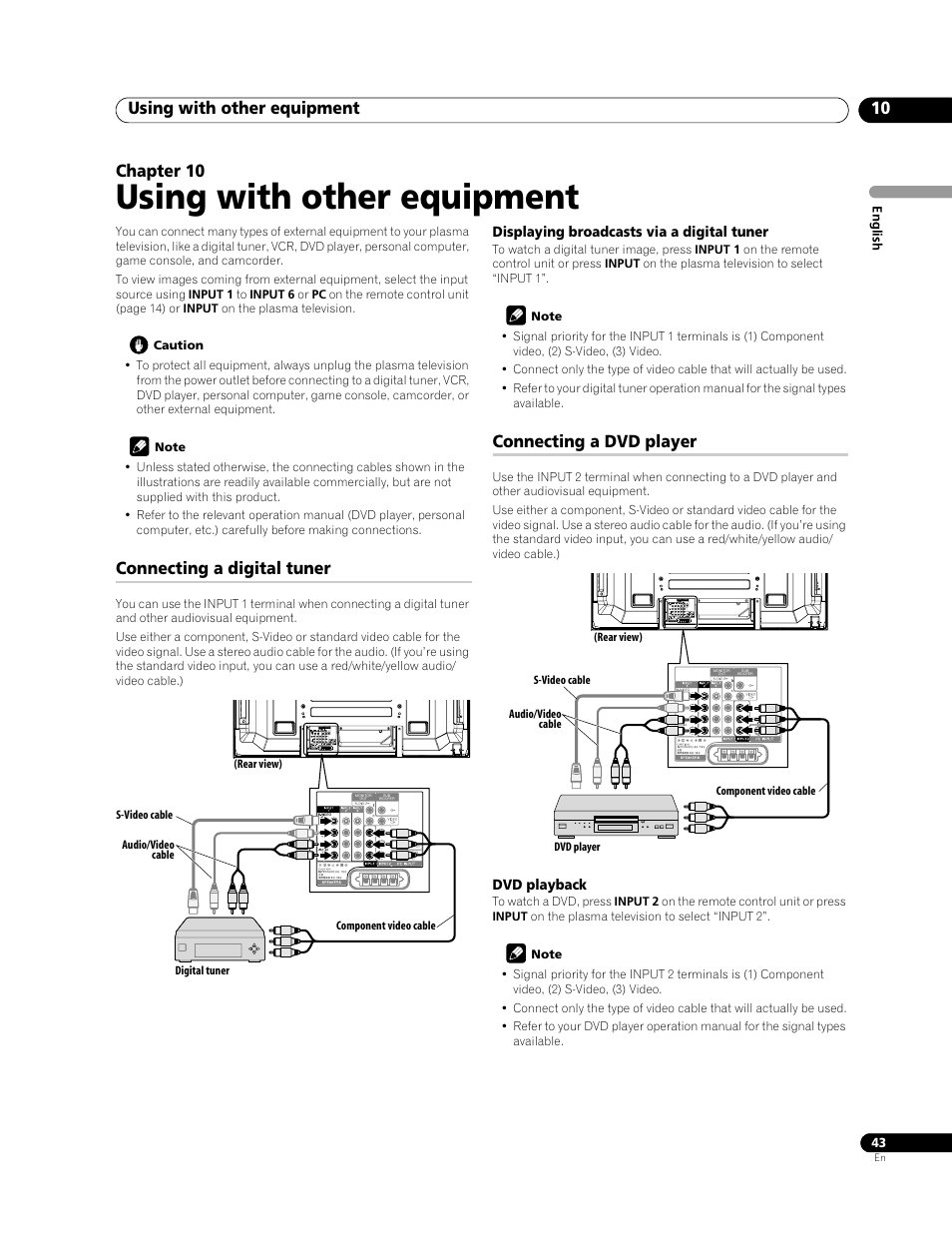 10 using with other equipment, Connecting a digital tuner connecting a dvd player, Using with other equipment | Using with other equipment 10, Chapter 10, Connecting a digital tuner, Connecting a dvd player | Pioneer PDP-LX508G User Manual | Page 43 / 266