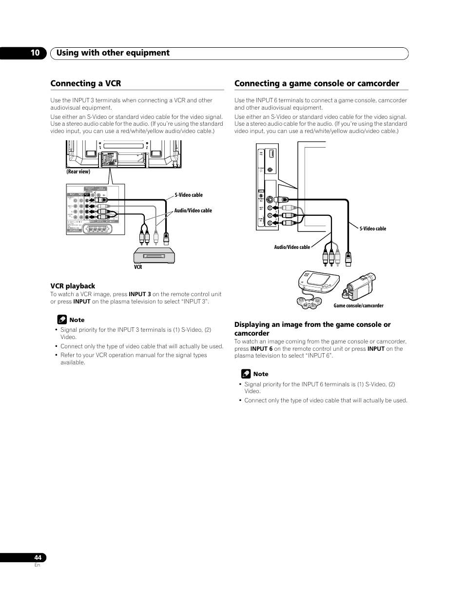 Using with other equipment 10, Connecting a vcr, Connecting a game console or camcorder | Pioneer PDP-LX508G User Manual | Page 44 / 266