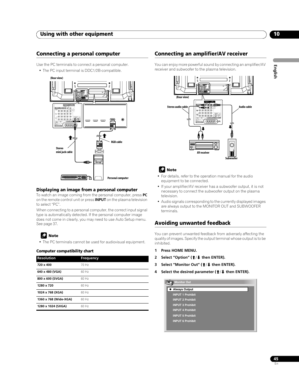 Using with other equipment 10, Connecting a personal computer, Connecting an amplifier/av receiver | Avoiding unwanted feedback | Pioneer PDP-LX508G User Manual | Page 45 / 266