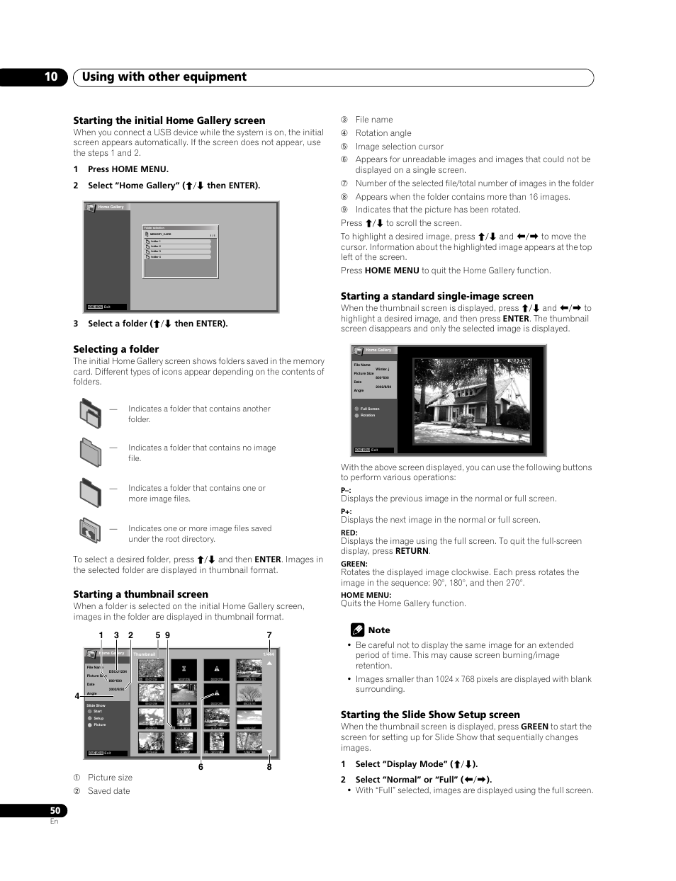 Using with other equipment 10, Starting the initial home gallery screen, Selecting a folder | Starting a thumbnail screen, Starting a standard single-image screen, Starting the slide show setup screen | Pioneer PDP-LX508G User Manual | Page 50 / 266