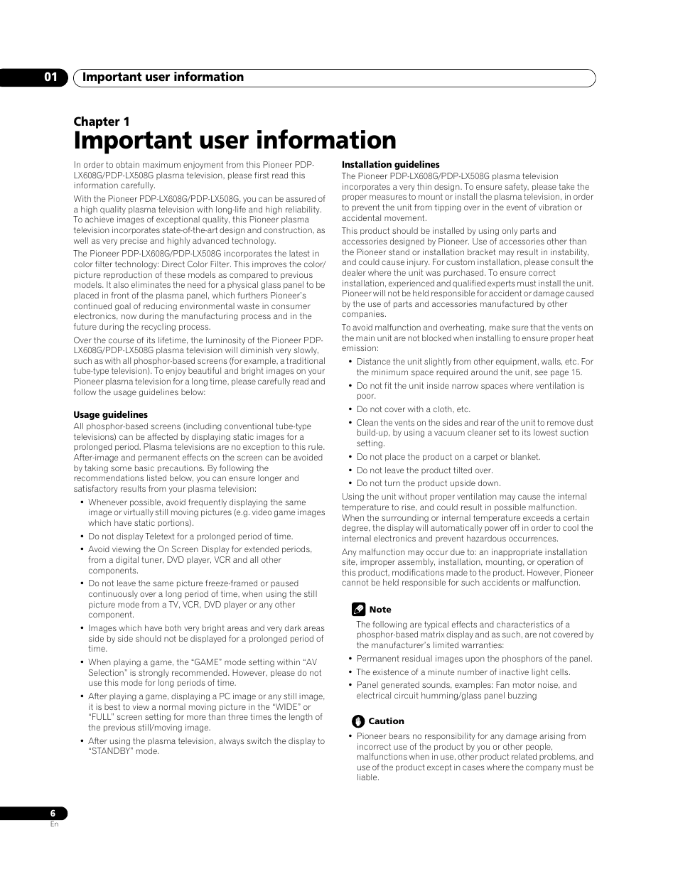 01 important user information, Important user information, Important user information 01 | Chapter 1 | Pioneer PDP-LX508G User Manual | Page 6 / 266