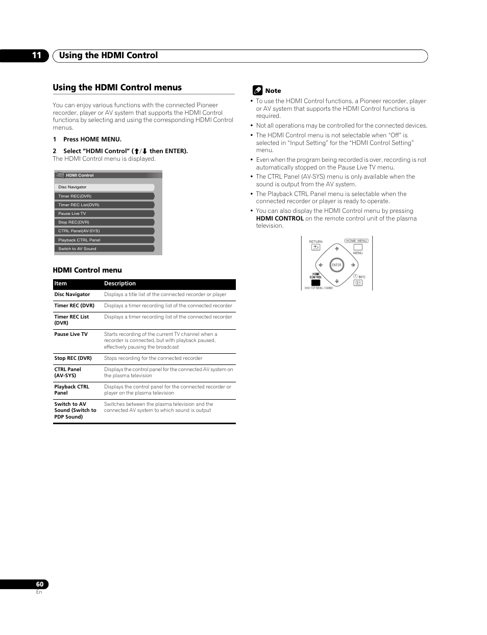 Using the hdmi control menus, Using the hdmi control 11 | Pioneer PDP-LX508G User Manual | Page 60 / 266