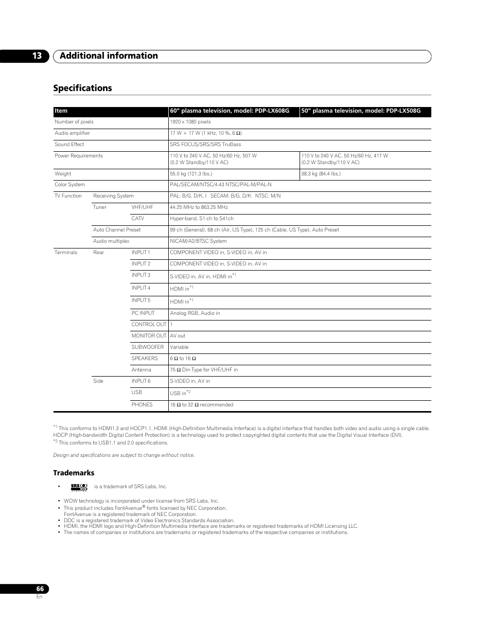 Specifications, Additional information 13, Trademarks | Pioneer PDP-LX508G User Manual | Page 66 / 266
