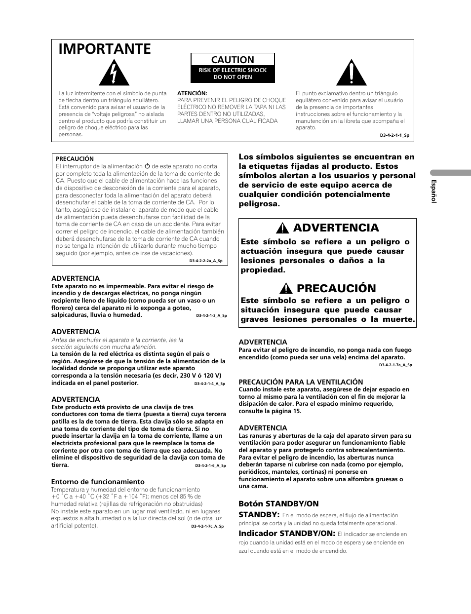 Importante, Advertencia precaución, Caution | Pioneer PDP-LX508G User Manual | Page 69 / 266