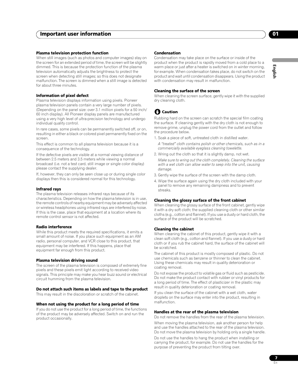 Important user information 01 | Pioneer PDP-LX508G User Manual | Page 7 / 266