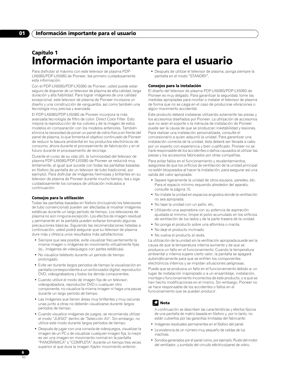 01 información importante para el usuario, Información importante para el usuario, Información importante para el usuario 01 | Capítulo 1 | Pioneer PDP-LX508G User Manual | Page 72 / 266