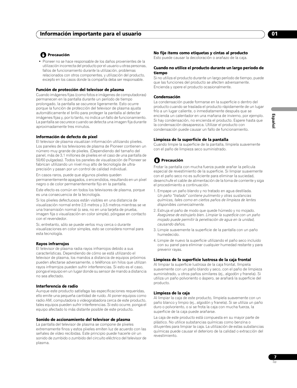 Información importante para el usuario 01 | Pioneer PDP-LX508G User Manual | Page 73 / 266