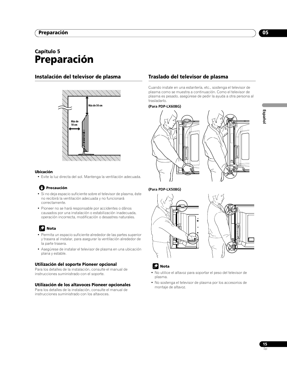 05 preparación, Preparación, Preparación 05 | Capítulo 5, Instalación del televisor de plasma, Traslado del televisor de plasma | Pioneer PDP-LX508G User Manual | Page 81 / 266