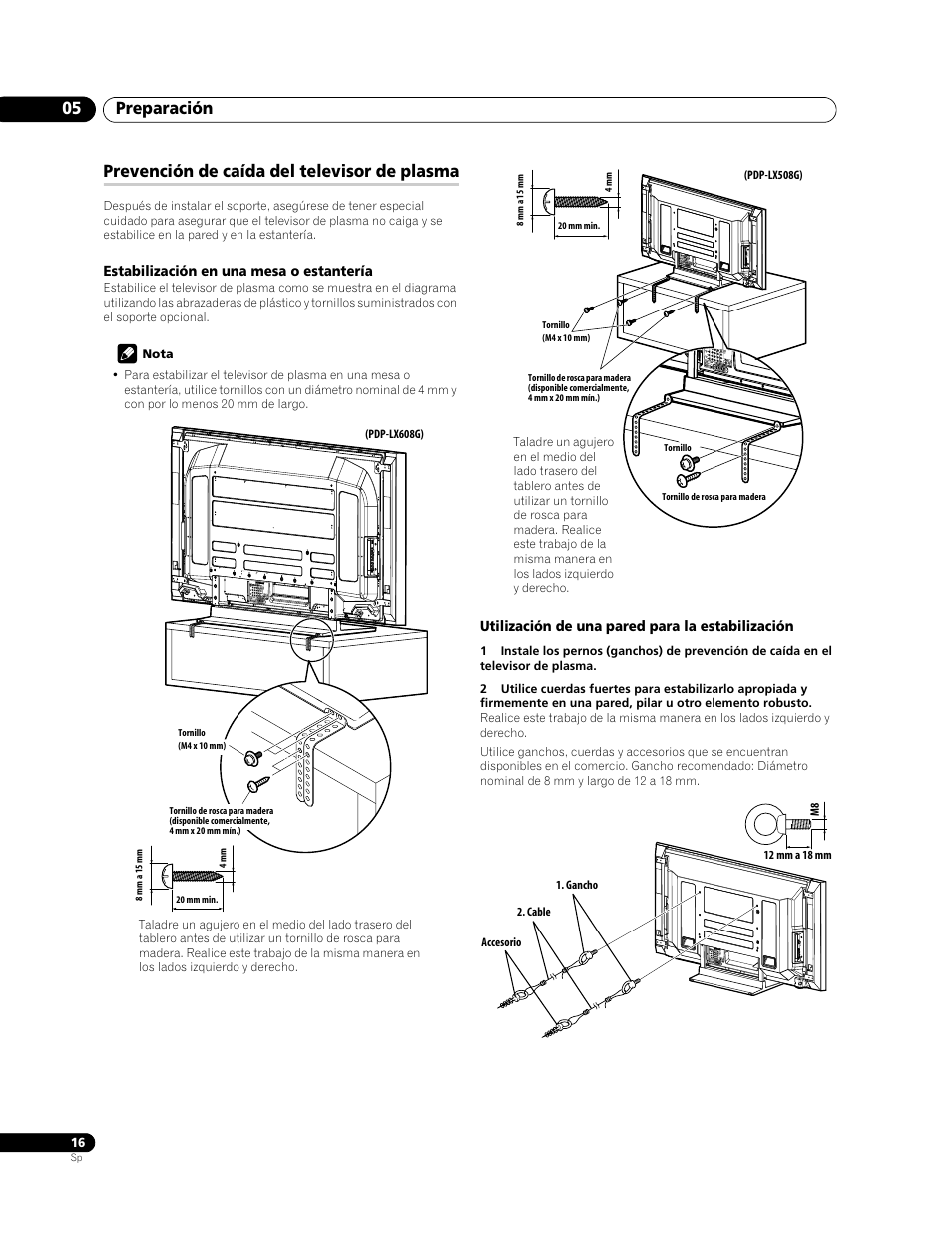 Prevención de caída del televisor de plasma, Preparación 05 | Pioneer PDP-LX508G User Manual | Page 82 / 266