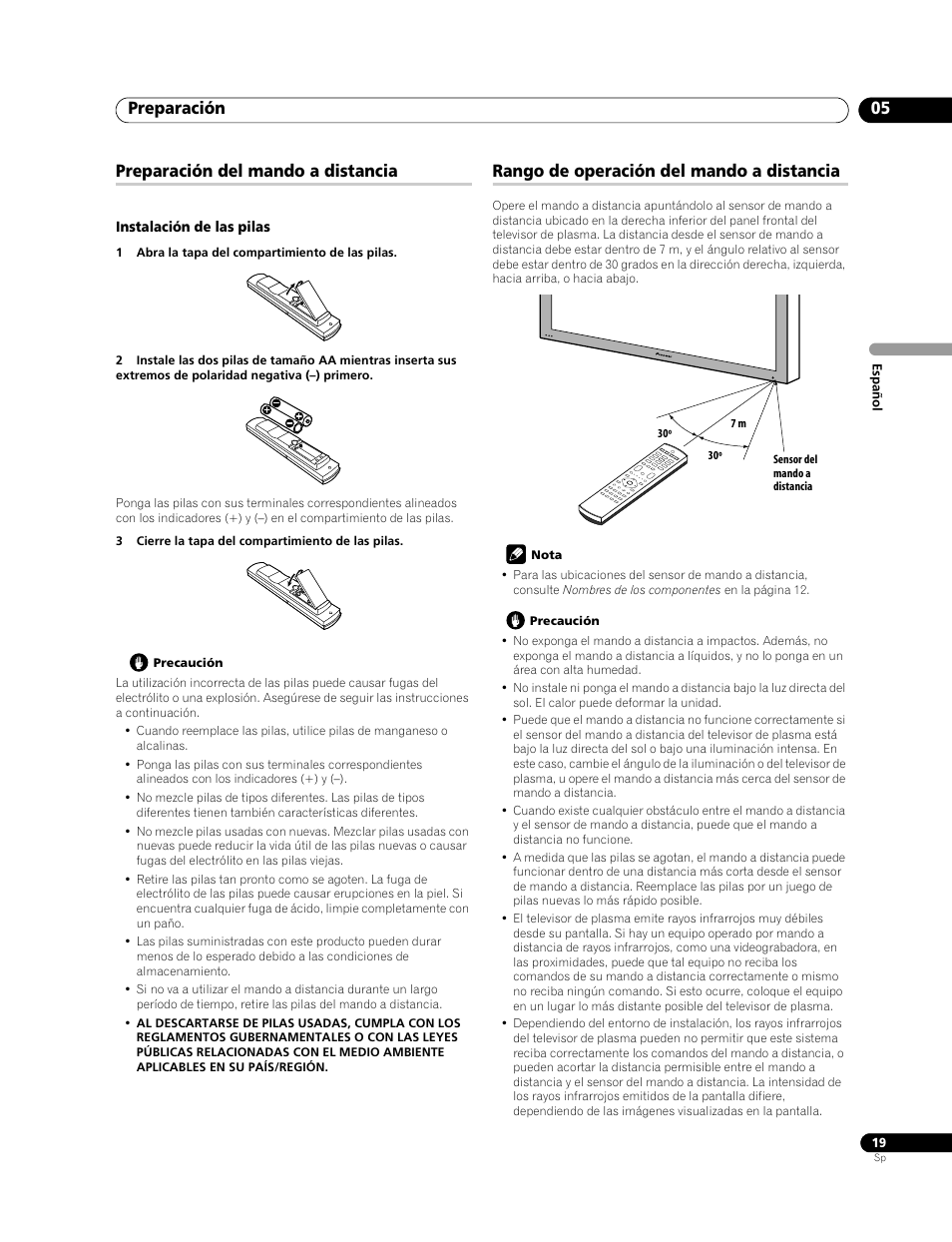 Preparación 05, Preparación del mando a distancia, Rango de operación del mando a distancia | Pioneer PDP-LX508G User Manual | Page 85 / 266